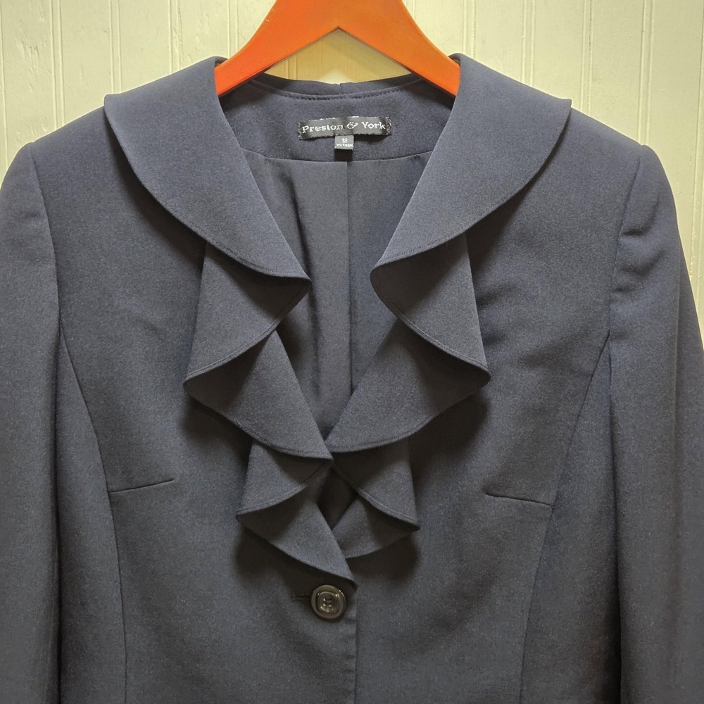 Preston & York Blazer Jacket‎ Womens 12 Blue Ruffle Shawl Collar Lined Stretch